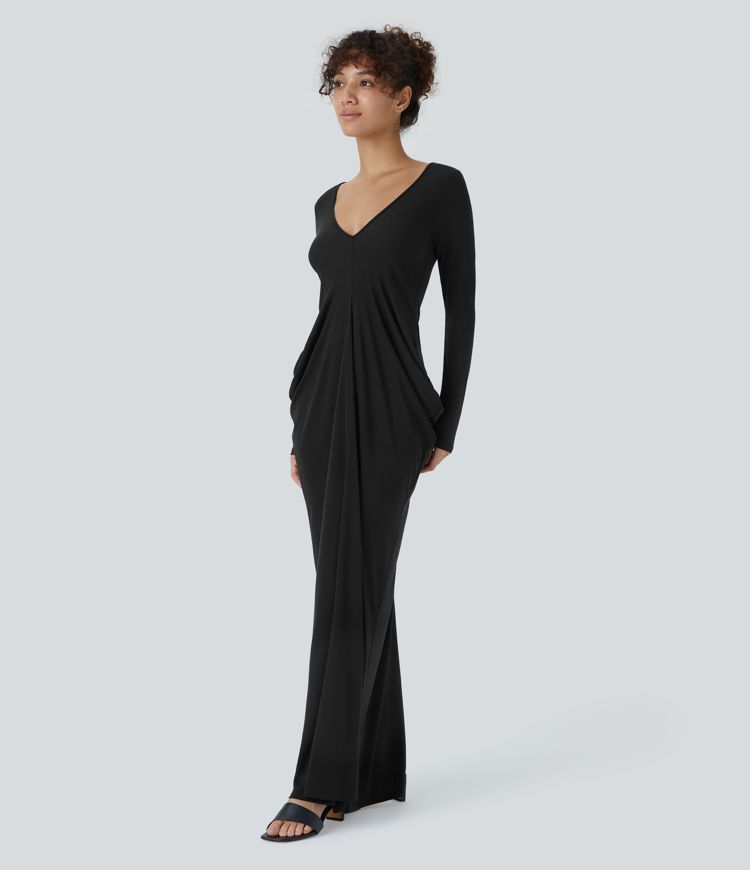 Deep V Neck Long Sleeve Stacked Ruched Maxi Casual Dress