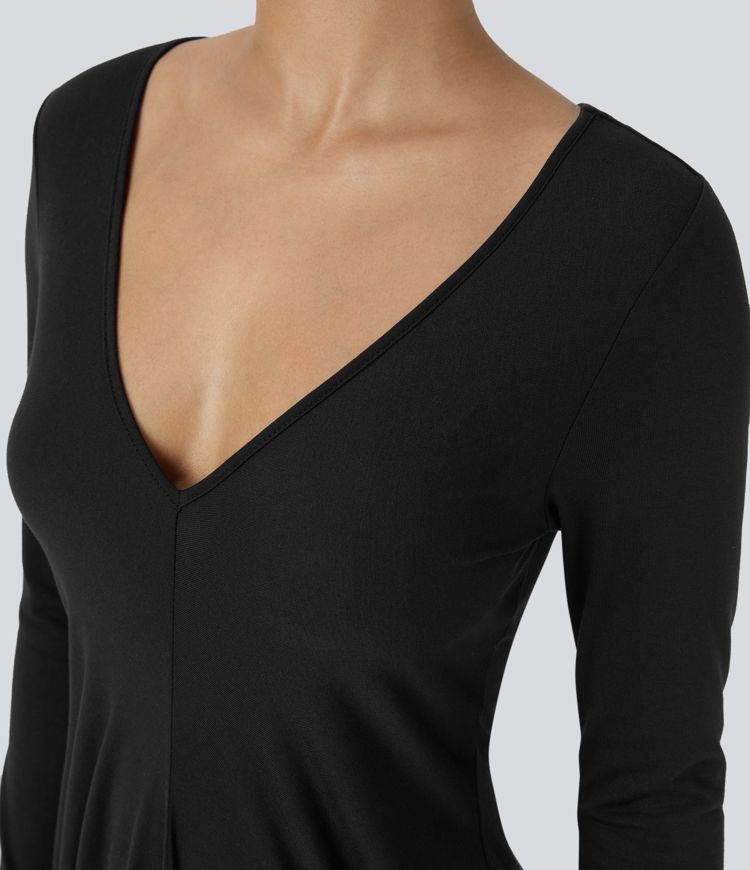 Deep V Neck Long Sleeve Stacked Ruched Maxi Casual Dress