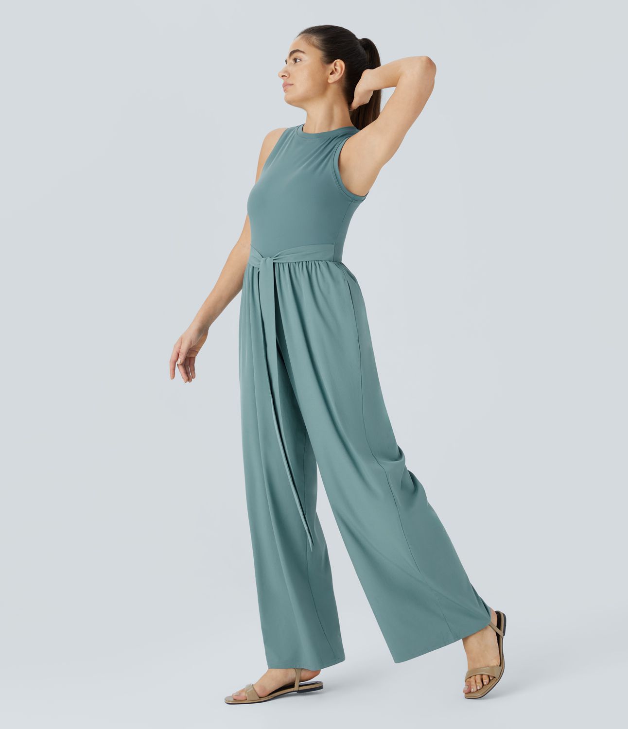 Breezeful™ back button sleeveless front tying pocket wide quick dry casual jumpsuit