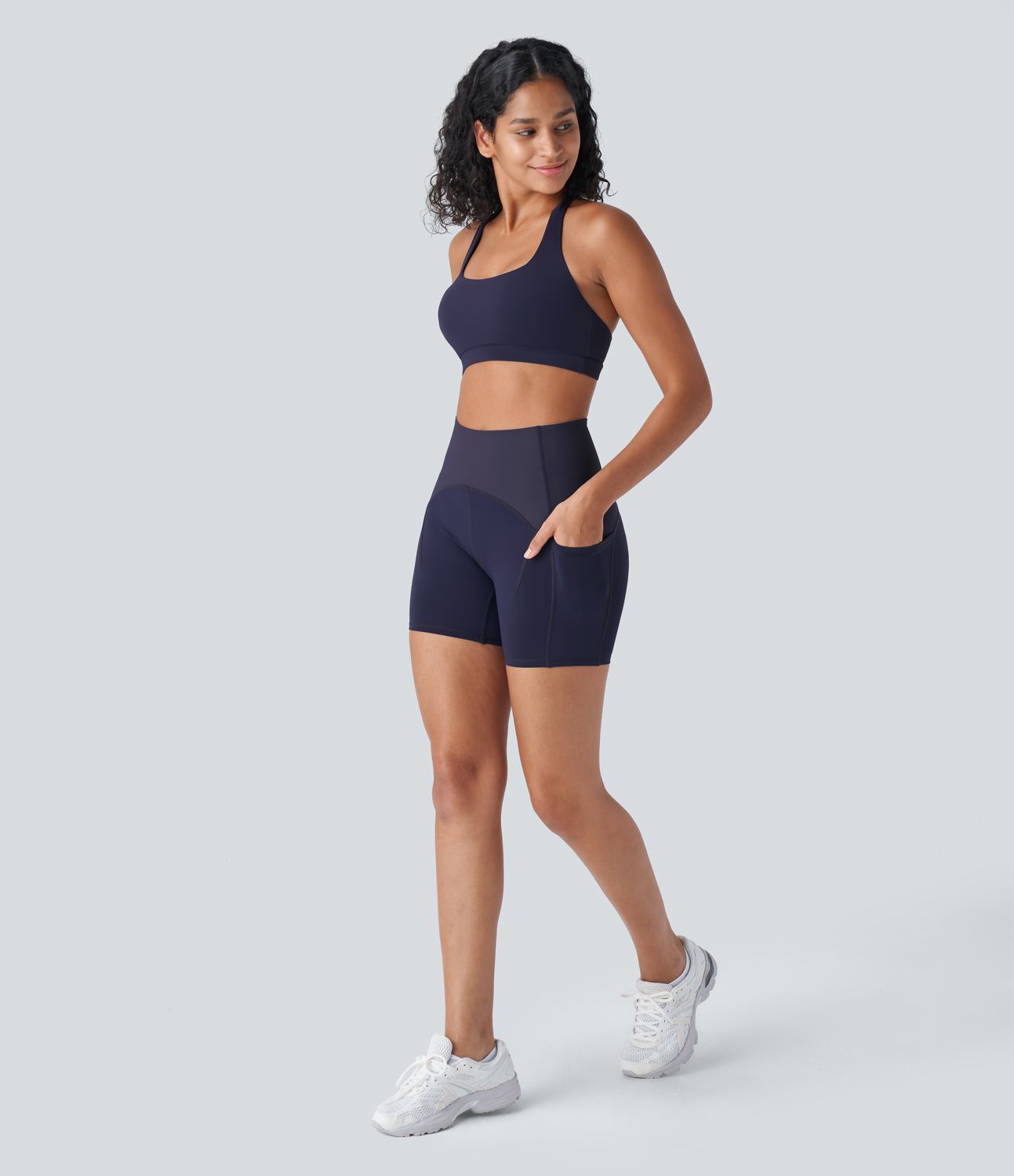 SpeedWave™ High Waisted Side Pockets Contrast Ribbed Quick Dry Workout Biker Shorts 5''