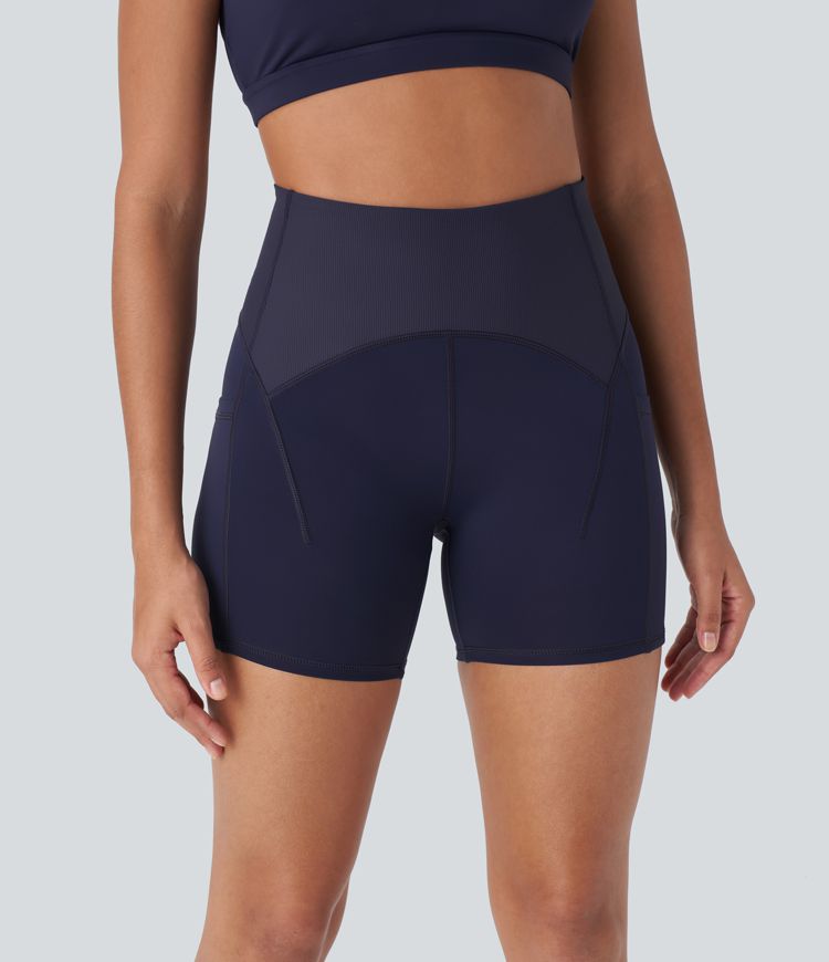 SpeedWave™ High Waisted Pockets Contrast Ribbed Quick Dry Workout Biker Shorts 5''