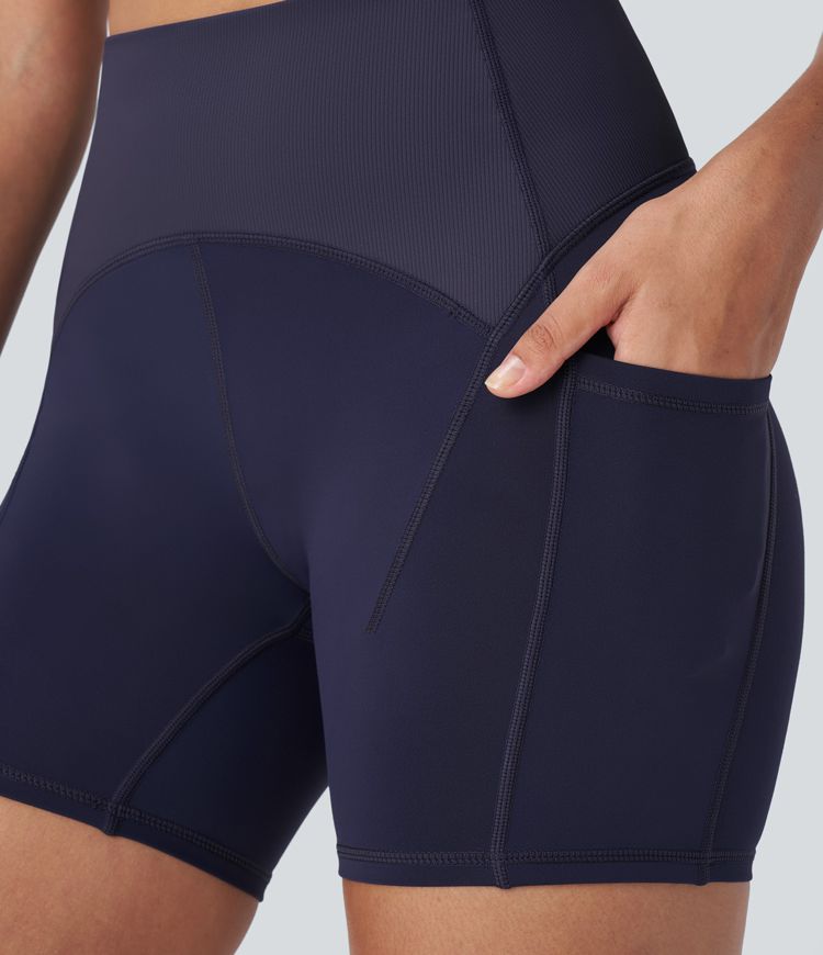 SpeedWave™ High Waisted Pockets Contrast Ribbed Quick Dry Workout Biker Shorts 5''