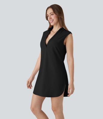 V Neck Sleeveless Curved Hem Mini Dress