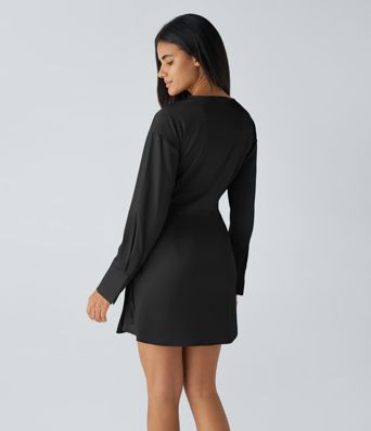 V Neck Long Sleeve Wrapped Lace Up Button Ruched Mini Satin Casual Shirt Dress