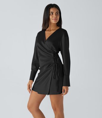 V Neck Long Sleeve Wrapped Lace Up Button Ruched Mini Satin Casual Shirt Dress
