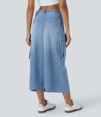 Halara Flex™ Mid-Waist Button Zipper Multiple Pocket Split A-Line Stretch Knit Denim Maxi Casual Cargo Skirt