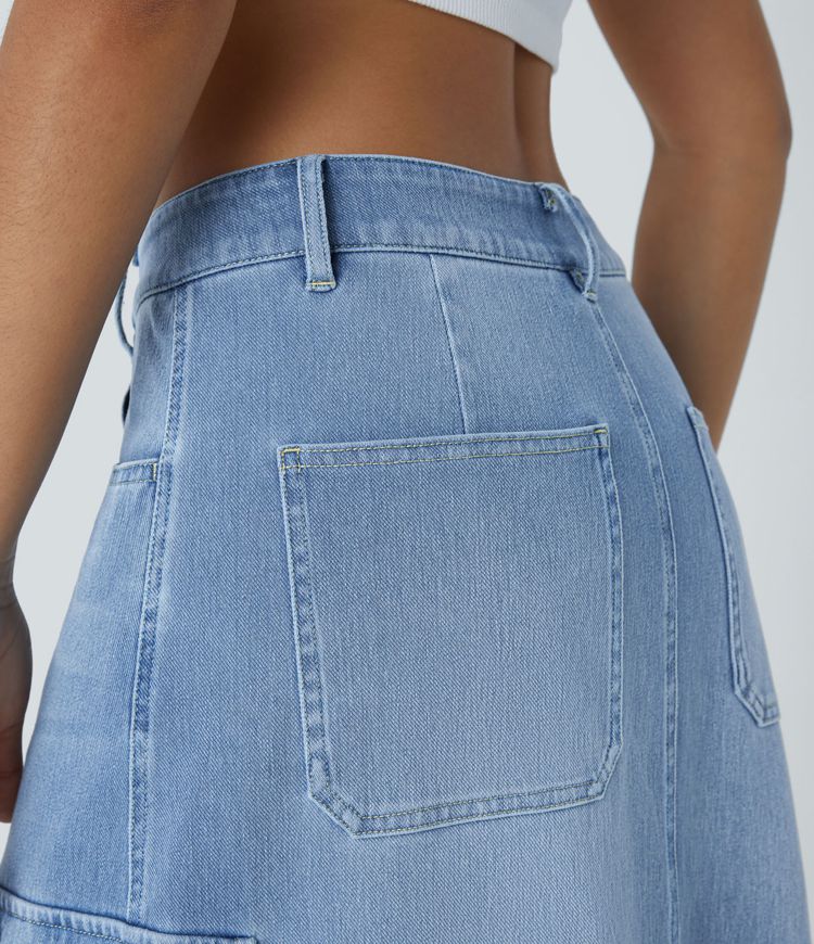 Halara Flex™ Mid-Waist Button Zipper Multiple Pocket Split A-Line Stretch Knit Denim Maxi Casual Cargo Skirt