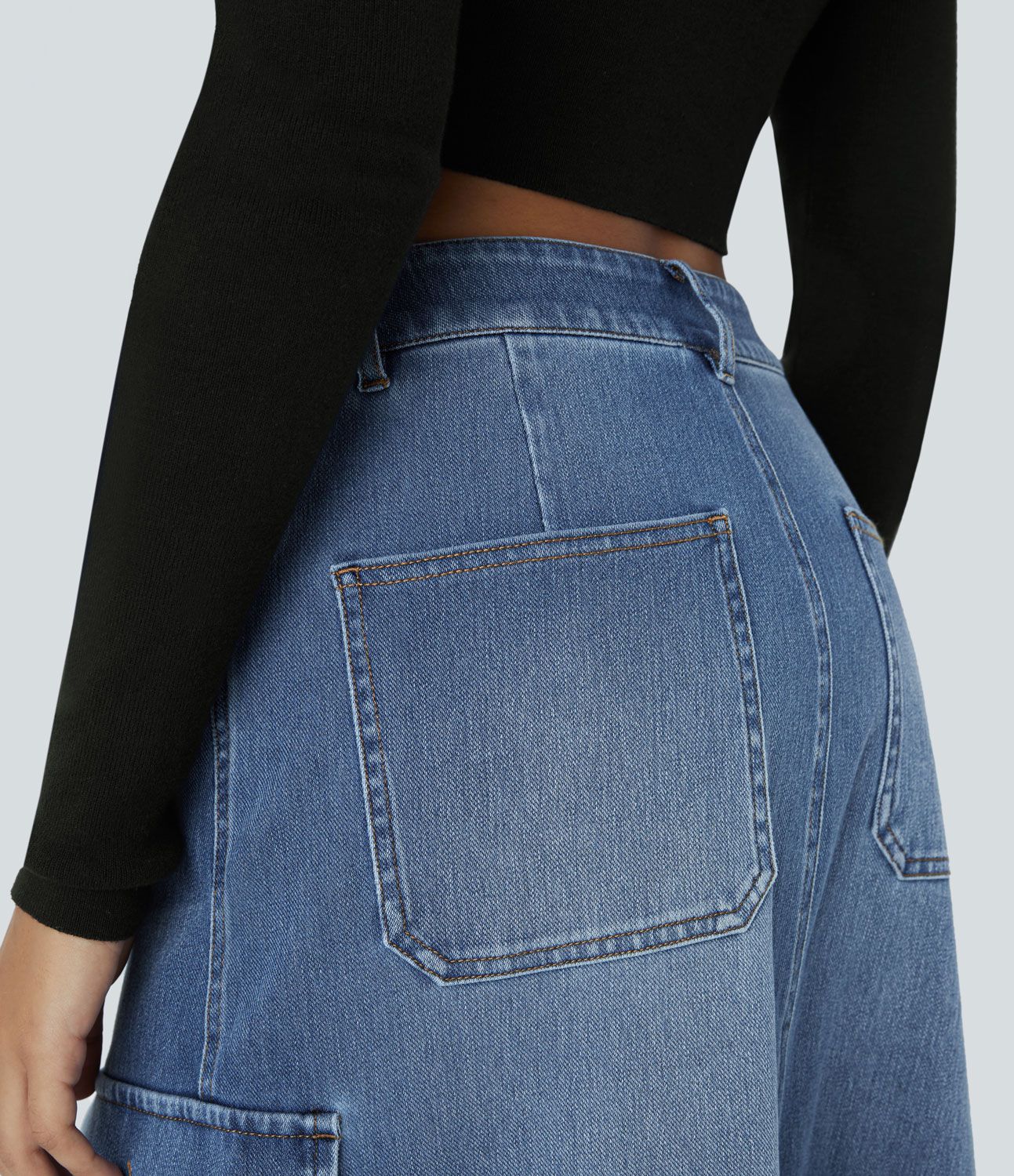 Halara Flex™ Mid-Waist Button Zip Multiple Pocket Split A-Line Stretch Knit Denim Maxi Casual Cargo Skirt