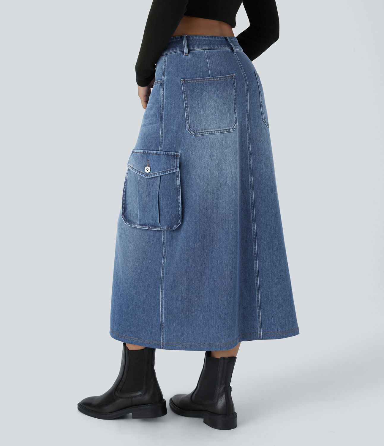 Halara Flex™ Mid-Waist Button Zip Multiple Pocket Split A-Line Stretch Knit Denim Maxi Casual Cargo Skirt