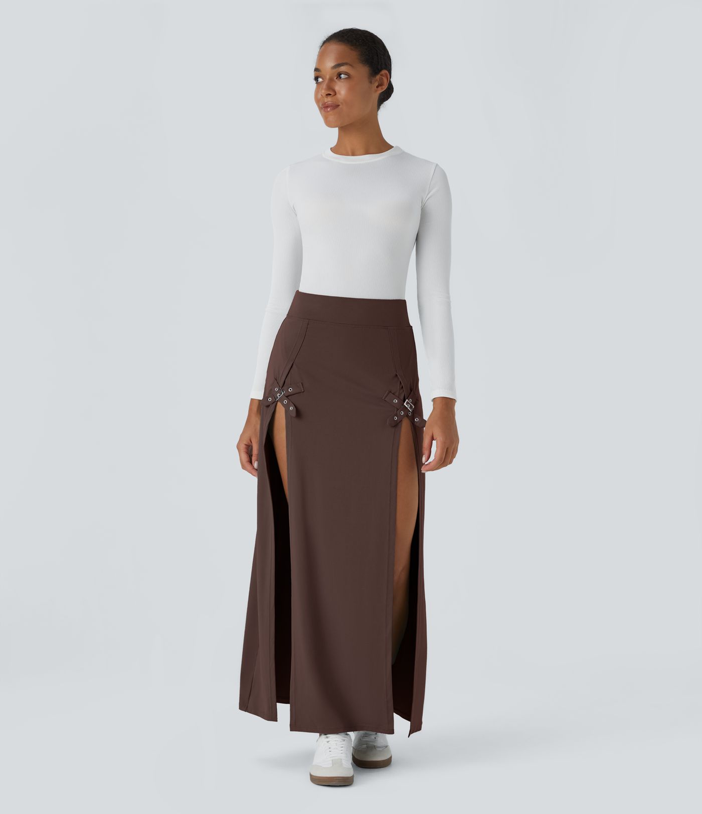 High Waisted Decorative Buckle Split 2-in-1 Maxi Casual Skirt High Waisted Decorative Buckle Split 2-in-1 Maxi Casual Skirt