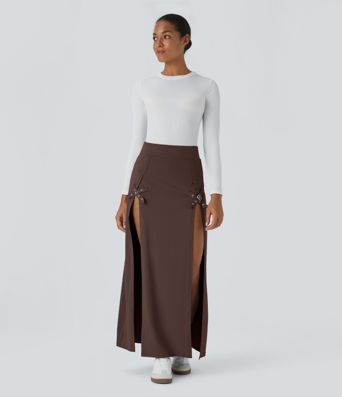 High Waisted Decorative Buckle Split 2-in-1 Maxi Casual Skirt High Waisted Decorative Buckle Split 2-in-1 Maxi Casual Skirt
