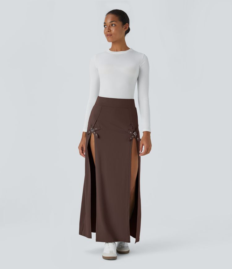 High Waisted Decorative Buckle Split 2-in-1 Maxi Casual Skirt High Waisted Decorative Buckle Split 2-in-1 Maxi Casual Skirt