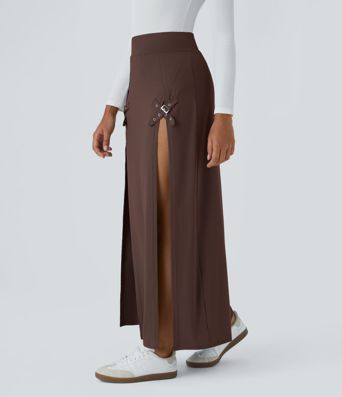 High Waisted Decorative Buckle Split 2-in-1 Maxi Casual Skirt High Waisted Decorative Buckle Split 2-in-1 Maxi Casual Skirt