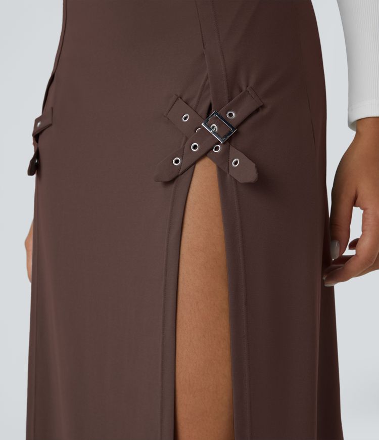 High Waisted Decorative Buckle Split 2-in-1 Maxi Casual Skirt High Waisted Decorative Buckle Split 2-in-1 Maxi Casual Skirt