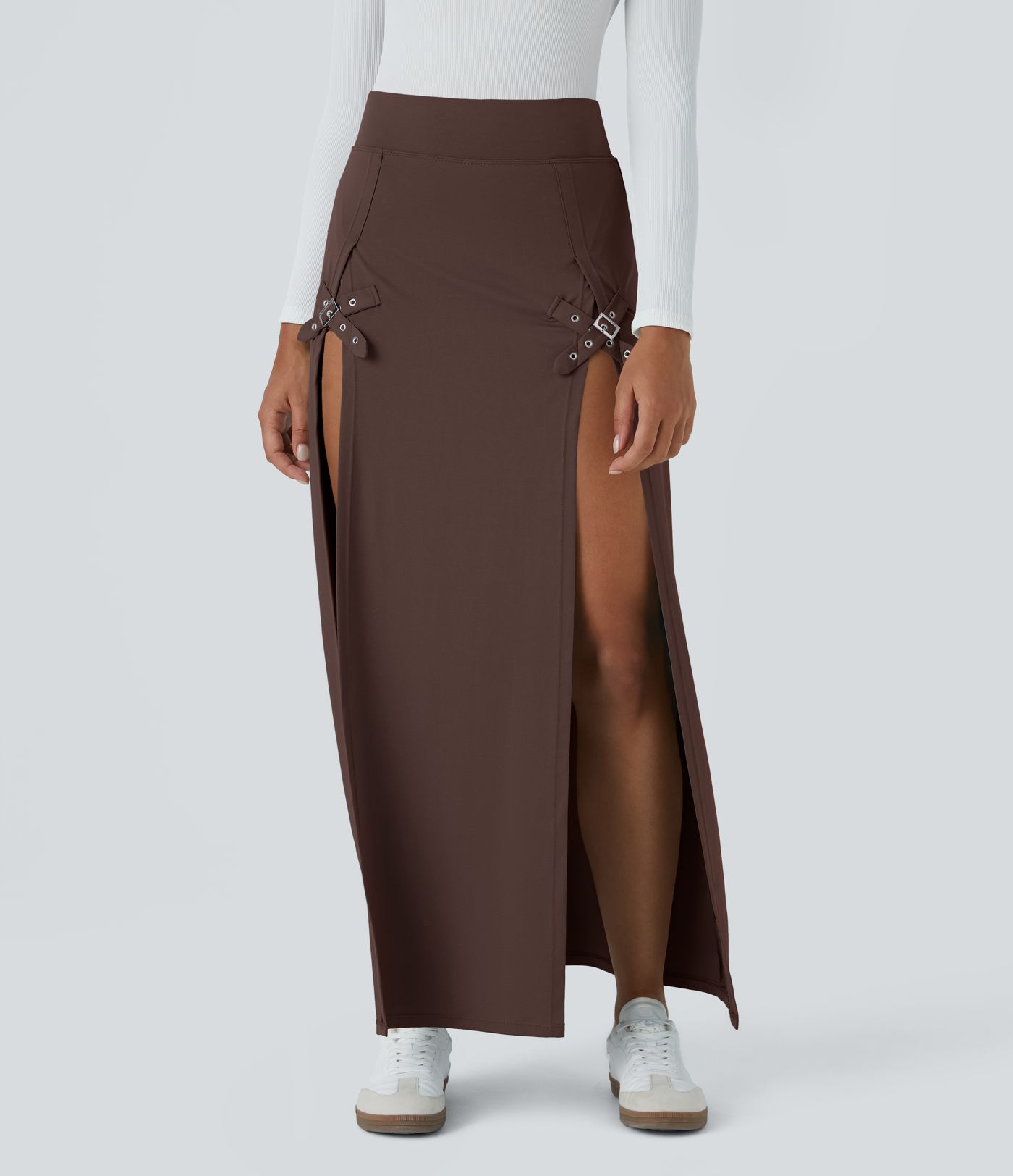 High Waisted Decorative Buckle Split 2-in-1 Maxi Casual Skirt High Waisted Decorative Buckle Split 2-in-1 Maxi Casual Skirt