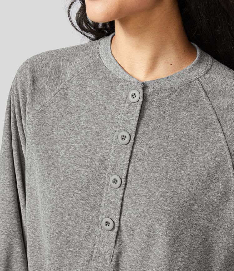 Button Raglan Sleeve Adjustable Drawstring Hem Casual Sweatshirt