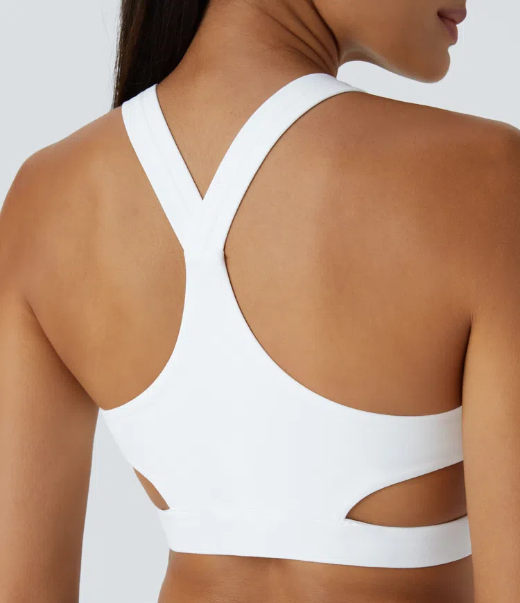 Low support crossover bottom cutout racerback yoga sports bra
