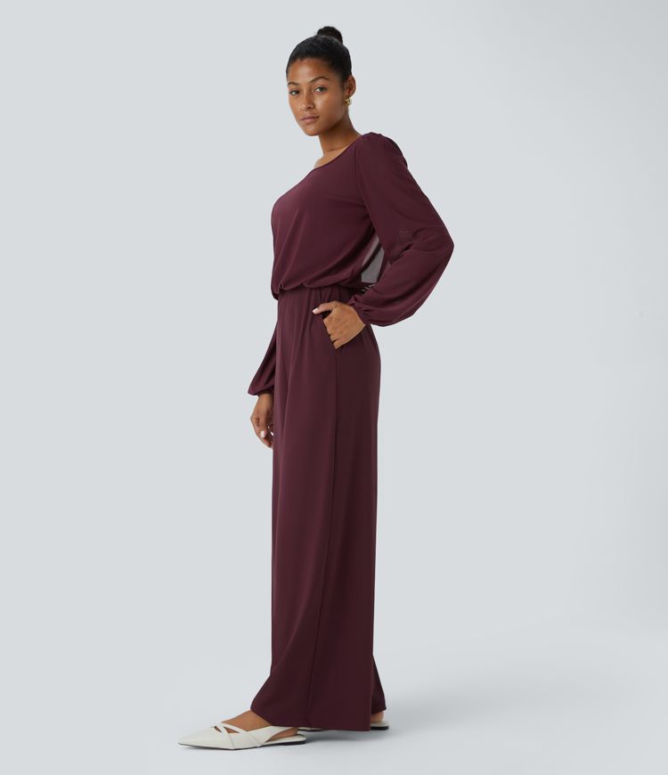 SoftlyZero™ Airy Boat Neck Long Sleeve Keyhole Back 2-in-1 Pocket Wide Leg Cool Touch Casual Jumpsuit-UPF50+