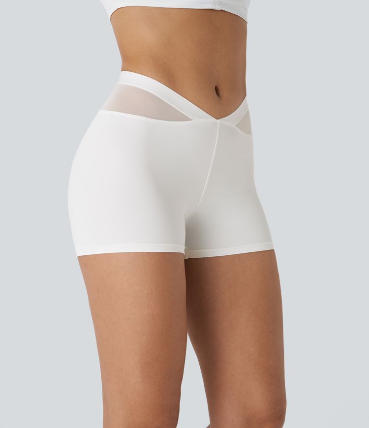 Pantalón corto motociclista fruncido malla contrastante tiro bajo V 7.5cm