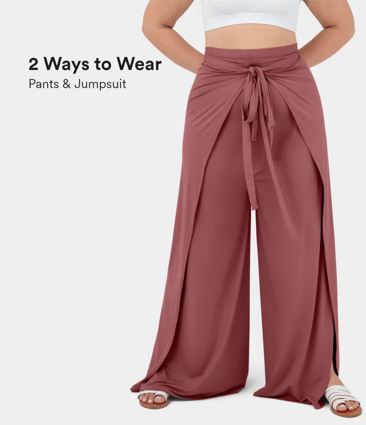 Women s High Waisted Tie Front Split Hem Palazzo Wide Leg Flowy Casual Plus Size Pants Halara