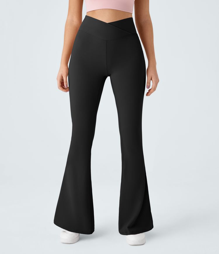 Cross Over High-Waisted Back Pocket Super Flare Leggings