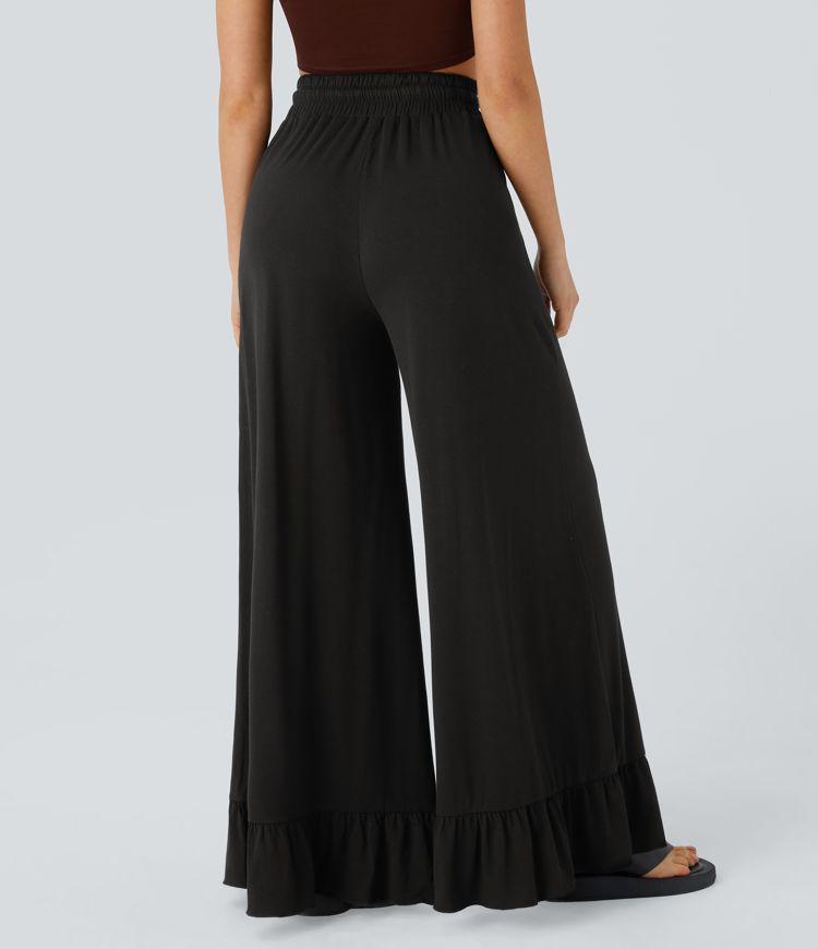 High Waisted Drawstring Side Pocket Ruffle Wide Leg Casual Pants
