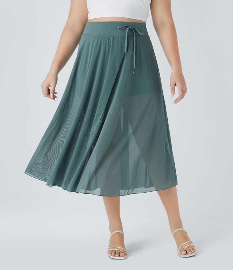 High Waisted Drawstring Contrast Mesh 2-in-1 Pocket Flowy Midi Flare Casual Plus Size Skirt