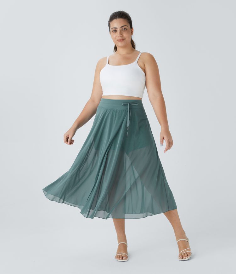 High Waisted Drawstring Contrast Mesh 2-in-1 Pocket Flowy Midi Flare Casual Plus Size Skirt
