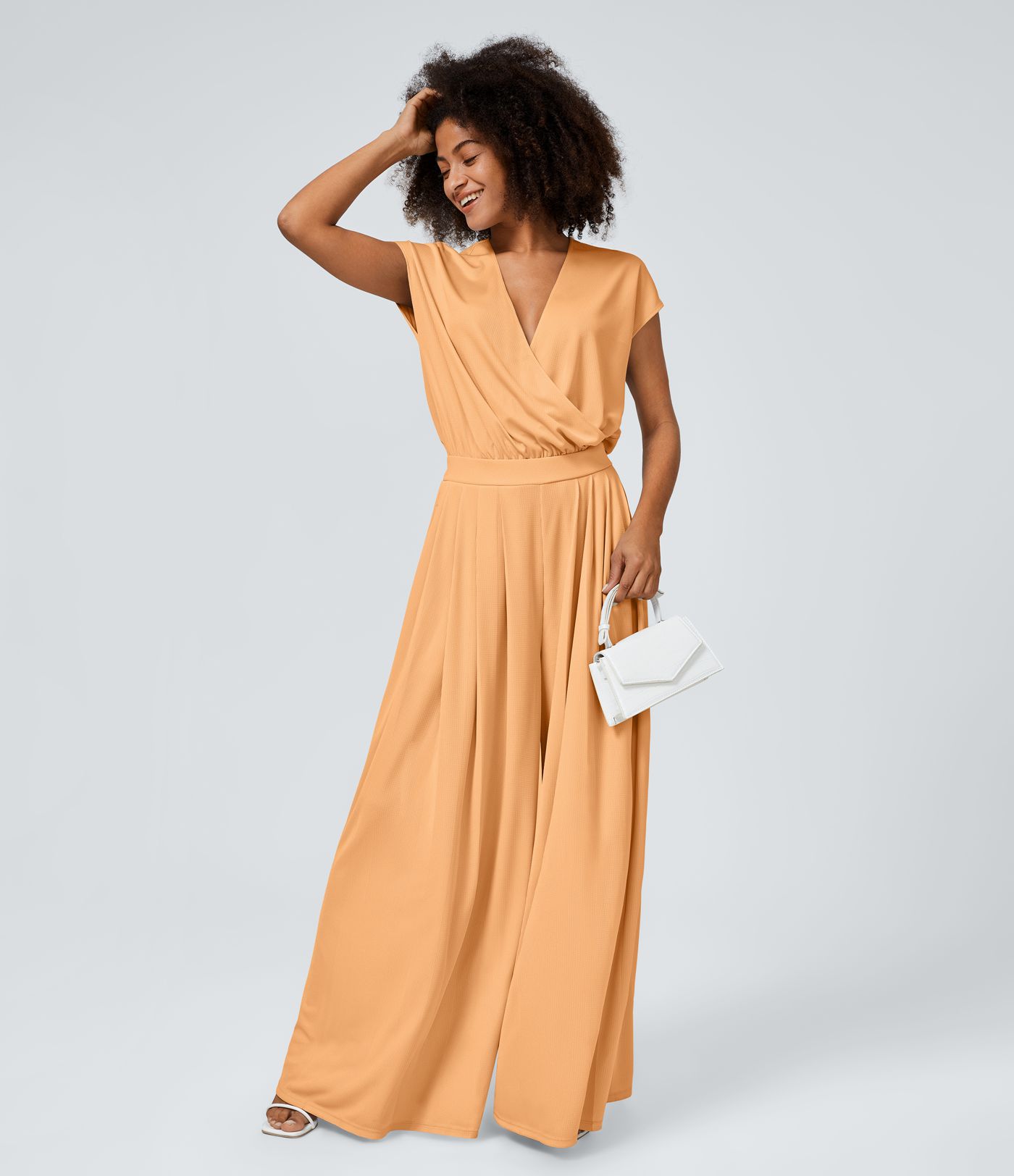 Combinaison Casual Col en V Jambes Large Plissée Manches Courtes Poche Latérale Gaufrée Fluide