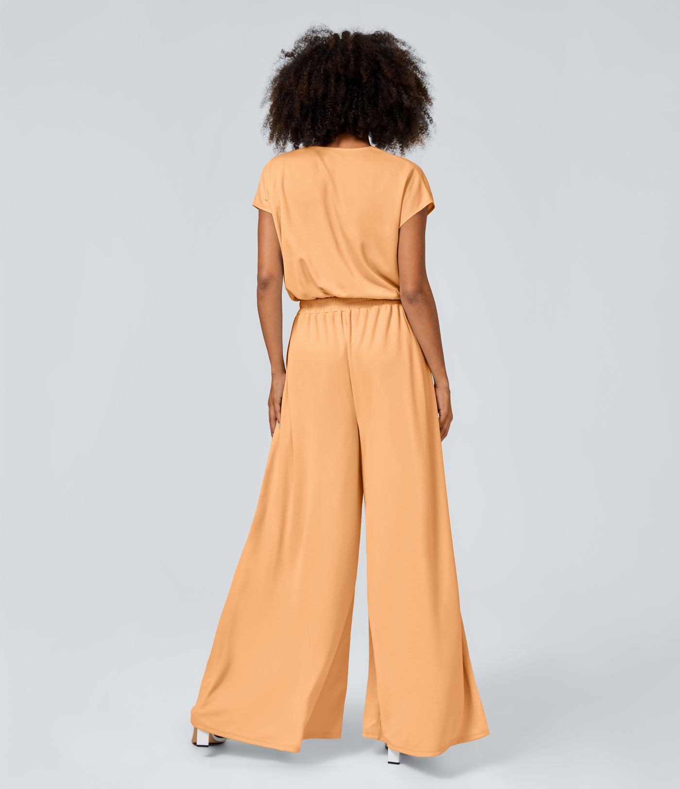 Combinaison Casual Col en V Jambes Large Plissée Manches Courtes Poche Latérale Gaufrée Fluide