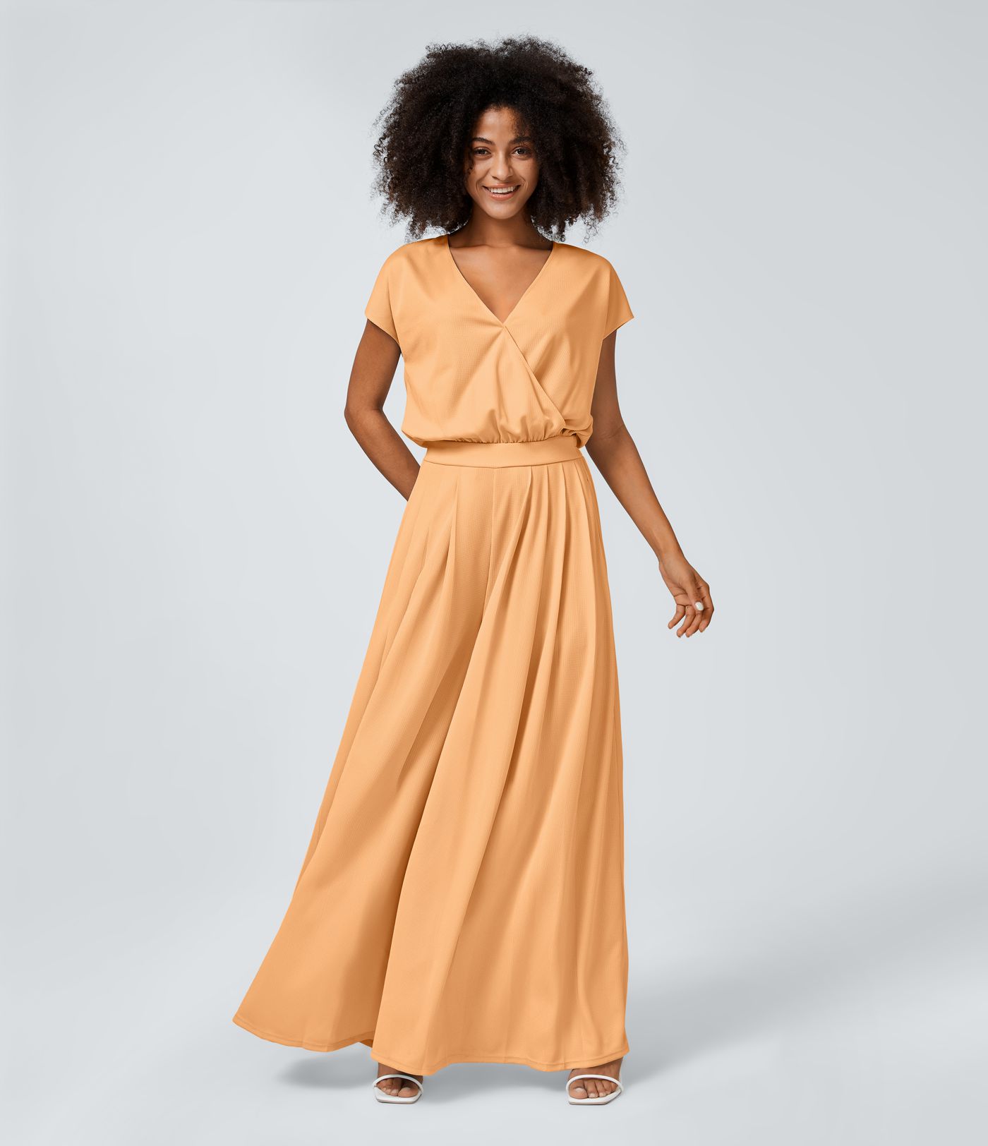 Combinaison Casual Col en V Jambes Large Plissée Manches Courtes Poche Latérale Gaufrée Fluide