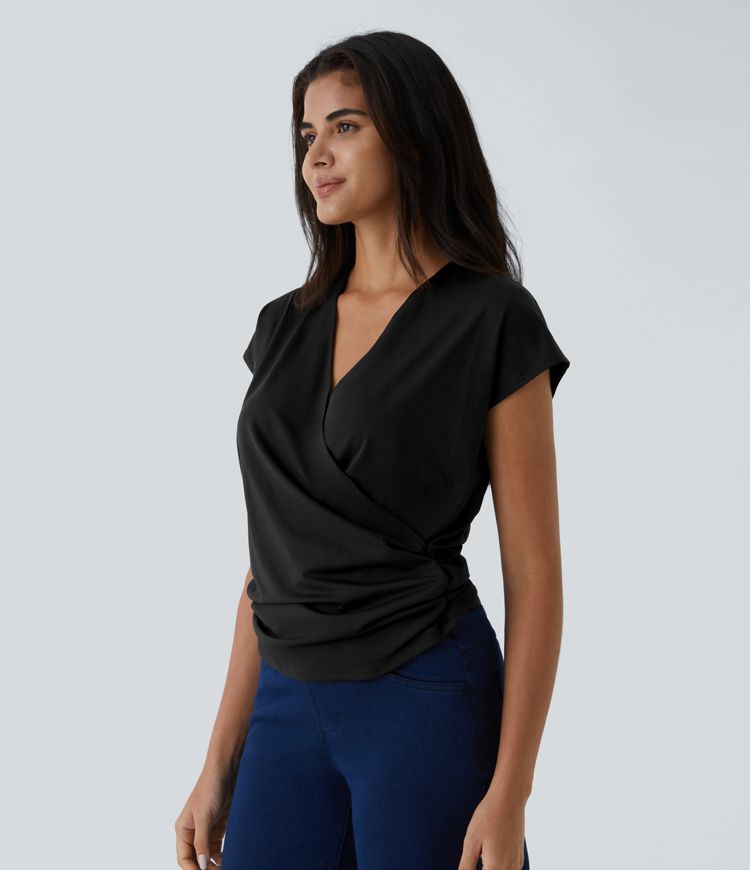 V Neck Cap Sleeve Crossover Ruched Solid Work Blouse