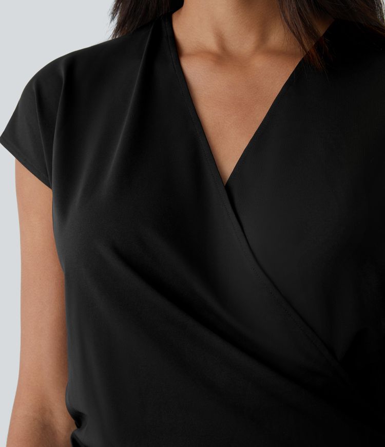 V Neck Cap Sleeve Crossover Ruched Solid Work Blouse