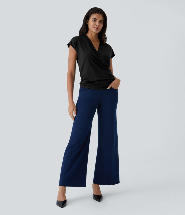 V Neck Cap Sleeve Crossover Ruched Solid Work Blouse