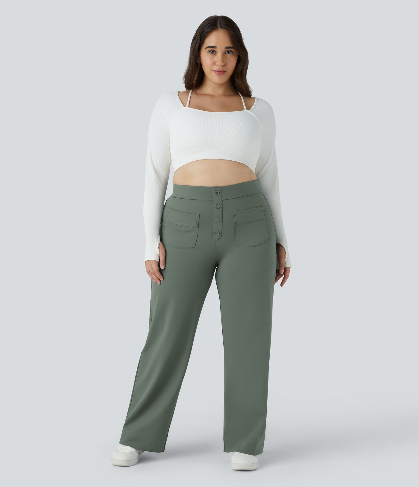 Pantalón tiro alto botón múltiple bolsillo pierna recta talla grande