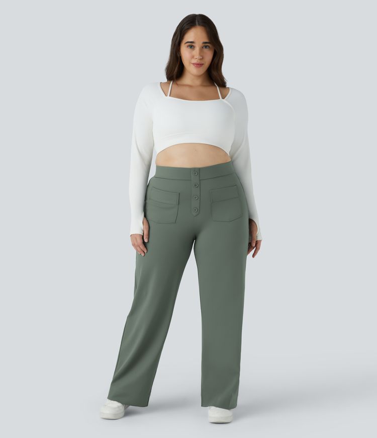 Pantalón tiro alto botón múltiple bolsillo pierna recta talla grande