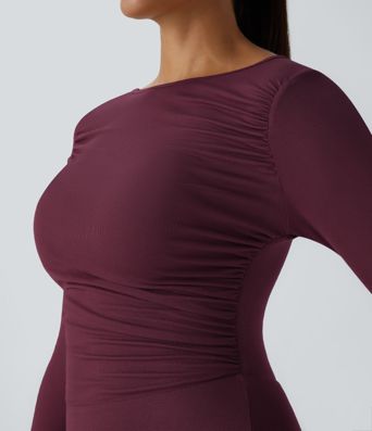 Ribbed Boat Neck Long Sleeve Ruched Pocket Flowy Maxi Casual Dress