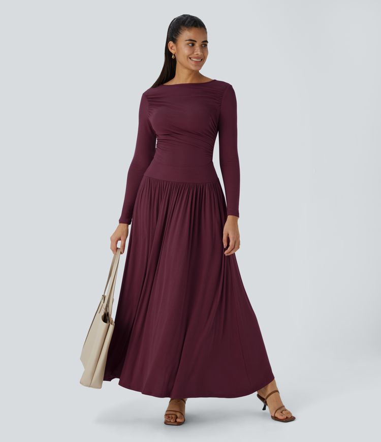 Ribbed Boat Neck Long Sleeve Ruched Pocket Flowy Maxi Casual Dress
