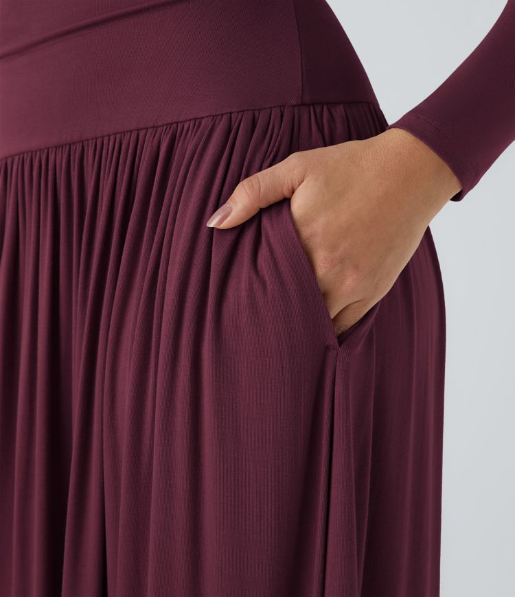 Ribbed Boat Neck Long Sleeve Ruched Pocket Flowy Maxi Casual Dress