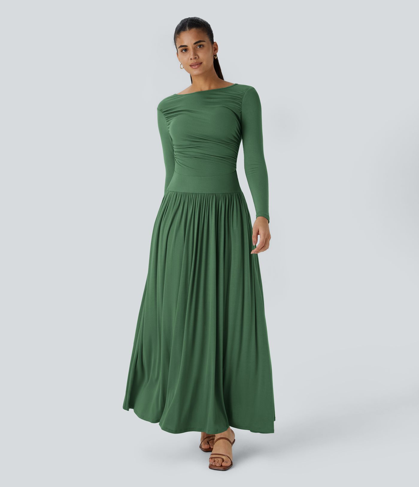 Robe Casual Maxi Fluide Encolure Bateau en Côtes avec Poches Latérales et Froncée