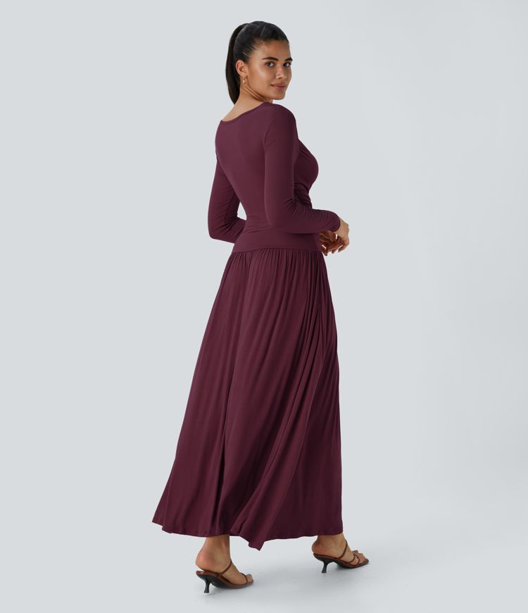 Ribbed Boat Neck Long Sleeve Ruched Side Pocket Flowy Maxi Casual Dress