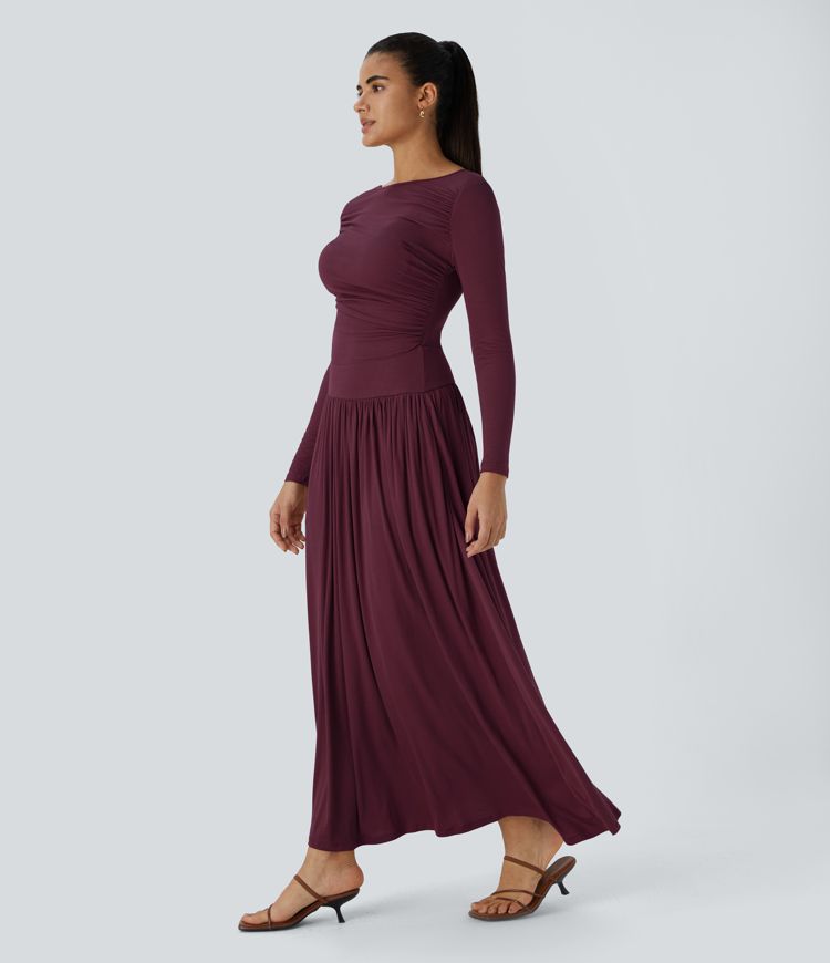 Ribbed Boat Neck Long Sleeve Ruched Side Pocket Flowy Maxi Casual Dress