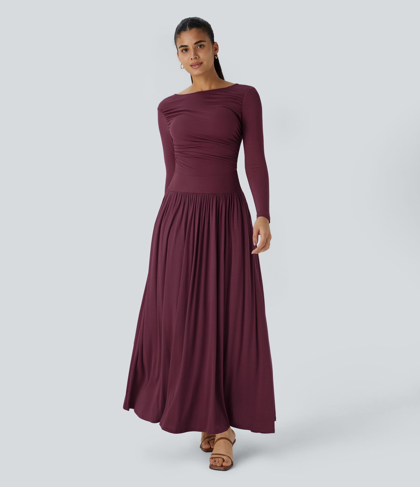 Ribbed Boat Neck Long Sleeve Ruched Pocket Flowy Maxi Casual Dress