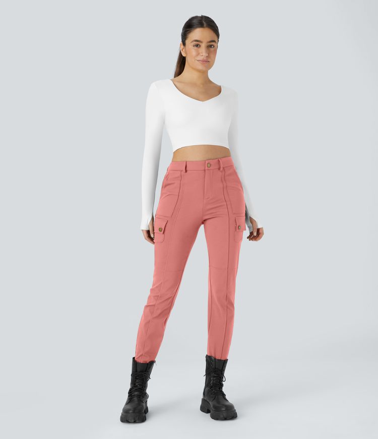 High Waisted Zipper Pockets Solid Skinny Cargo Pants