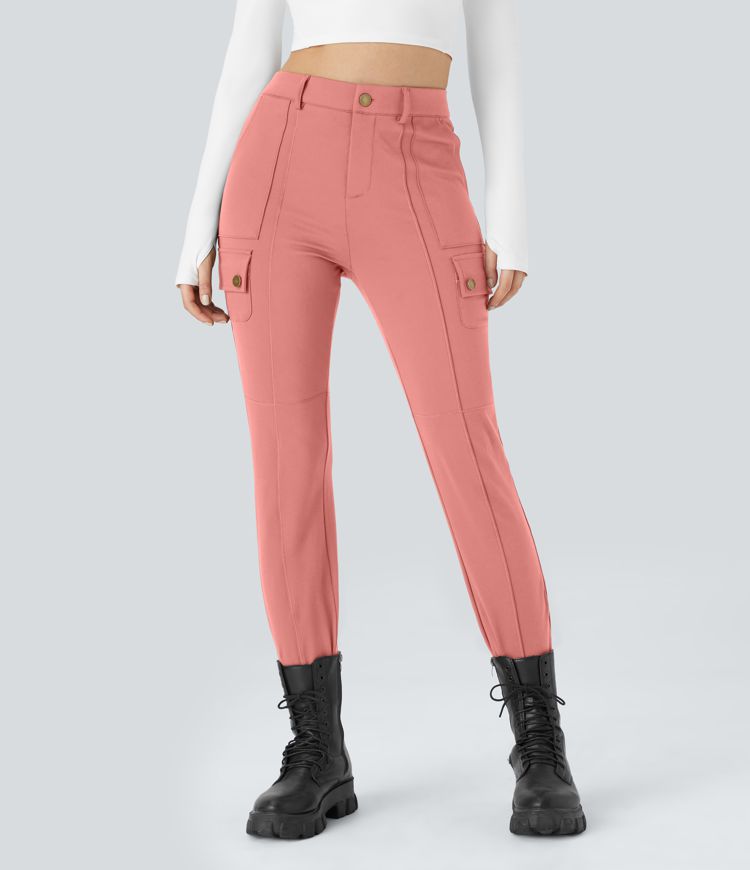 High Waisted Zipper Pockets Solid Skinny Cargo Pants