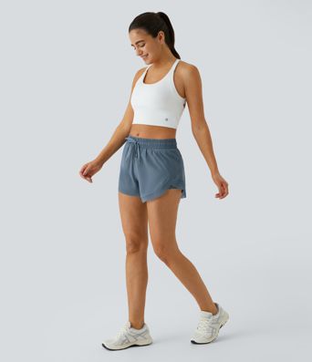 Mid Rise Drawstring Contrast Mesh 2-in-1 Flowy Running Shorts 3''