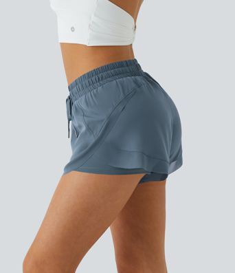 Mid Rise Drawstring Contrast Mesh 2-in-1 Flowy Running Shorts 3''