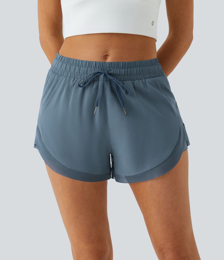 Mid Rise Drawstring Contrast Mesh 2-in-1 Flowy Running Shorts 3''