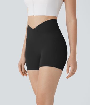 SoftlyZero™ Crossover High Waisted Pocket Antislip Yoga Biker Shorts 3''-UPF50+