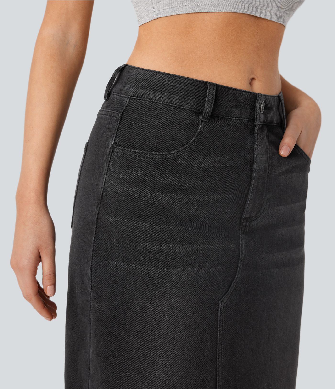Halara Flex™ Mid Rise Pockets Straight Maxi Washed Denim Casual Skirt Halara Flex™ Mid Rise Pockets Straight Maxi Washed Denim Casual Skirt